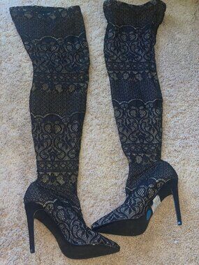 Black Lace Over-the-Knee Thigh High Stiletto Boots Size 10